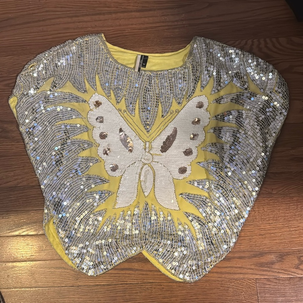 Vintage look top shop  sequin butterfly top/ one size / silver and yellow